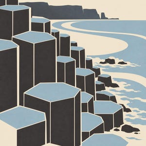 May include: A graphic art print featuring the hexagonal basalt columns of the Giant's Causeway in Antrim. The illustration uses a palette of dark grey, light blue, and cream, depicting the rocky coastline meeting the sea, with the text ANTRIM.