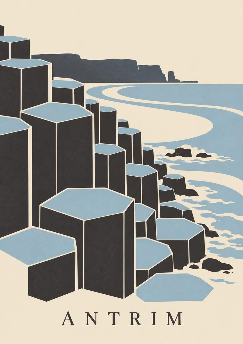 May include: A graphic art print featuring the hexagonal basalt columns of the Giant's Causeway in Antrim. The illustration uses a palette of dark grey, light blue, and cream, depicting the rocky coastline meeting the sea, with the text ANTRIM.