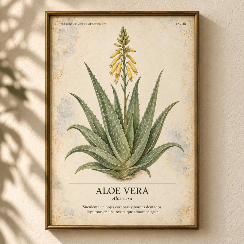 May include: A framed botanical print featuring a central illustration of an aloe vera plant with green, serrated leaves and a yellow flower spike. The text reads HERBARIO PLANTAS MEDICINALES 12/48, ALOE VERA, and a Spanish description of the plant.