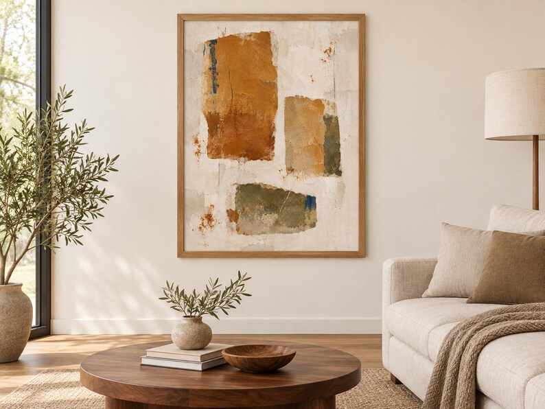 May include: A rectangular wall art piece in a light wood frame featuring an abstract composition of three distinct blocks of colour in shades of burnt orange, muted tan, and olive green against a textured, off-white, and cream-coloured background.