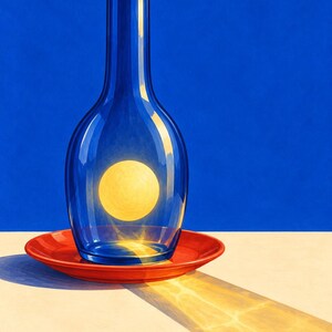 Puede incluir: Una botella de vidrio azul transparente con cuello estrecho se asienta sobre un plato rojo redondo. Dentro de la botella, una esfera amarilla brillante emite luz que proyecta un reflejo amarillo alargado sobre la superficie.