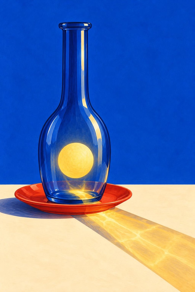 Puede incluir: Una botella de vidrio azul transparente con cuello estrecho se asienta sobre un plato rojo redondo. Dentro de la botella, una esfera amarilla brillante emite luz que proyecta un reflejo amarillo alargado sobre la superficie.
