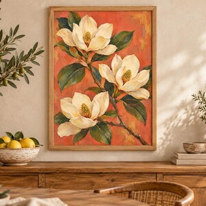 Magnolia Printable Wall Art, Cream Flowers on Coral Botanical Poster, A2 Digital Download image 3