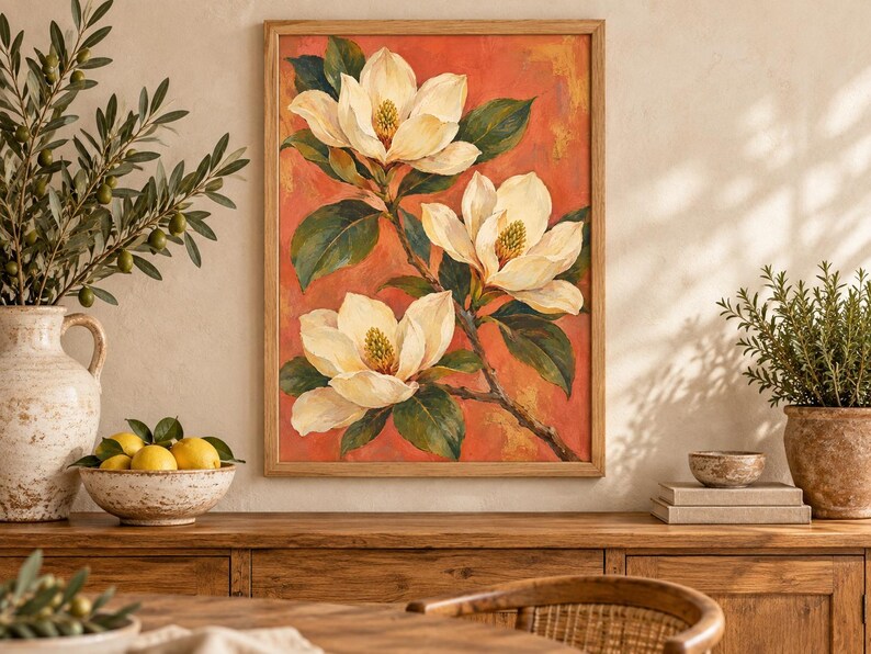 Magnolia Printable Wall Art, Cream Flowers on Coral Botanical Poster, A2 Digital Download image 3