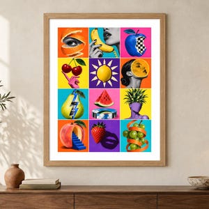 May include: A framed wall art print featuring a grid of twelve colorful surrealist collages. The images combine fruits like oranges, cherries, bananas, pears, peaches, strawberries, and grapes with human features, geometric shapes, and vibrant backgrounds.