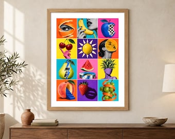 Surrealistische fruitcollageprint - Rebel Fruit, kleurrijk pop-art raster voor in de keuken, A2 digitale download