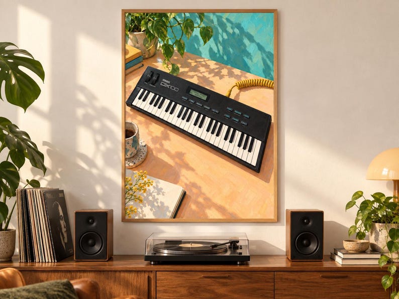 Puede incluir: Una impresi&oacute;n de arte mural enmarcada que muestra un sintetizador Yamaha DX100 negro sobre una superficie clara. La escena incluye una planta en maceta, una taza y un cuaderno, iluminados por la luz del sol que proyecta sombras.