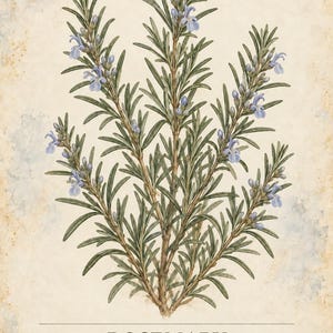 May include: A botanical illustration of a rosemary plant with narrow green leaves and small light blue flowers. The text reads HERBARIUM MEDICINAL PLANTS 04/40, ROSEMARY, Salvia rosmarinus, and A Mediterranean shrub with narrow, aromatic evergreen leaves.