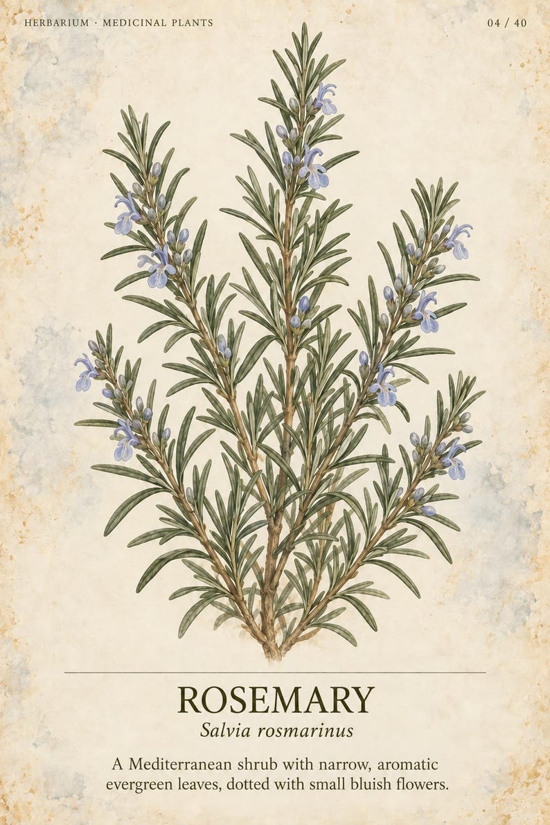 May include: A botanical illustration of a rosemary plant with narrow green leaves and small light blue flowers. The text reads HERBARIUM MEDICINAL PLANTS 04/40, ROSEMARY, Salvia rosmarinus, and A Mediterranean shrub with narrow, aromatic evergreen leaves.