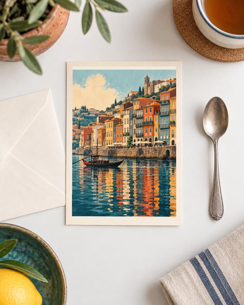 May include: A rectangular art print featuring a coastal town with colorful buildings in shades of orange, yellow, and blue, situated along a stone embankment. A small wooden boat floats on the water, which reflects the vibrant architecture.