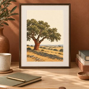 Op de afbeelding: Een ingelijste kunstdruk met een landschapsillustratie van een grote kurkeik met een roodbruine stam, geplaatst in een goudkleurig grasveld onder een bleke lucht, met verre heuvels en een klein wit gebouw zichtbaar op de achtergrond.