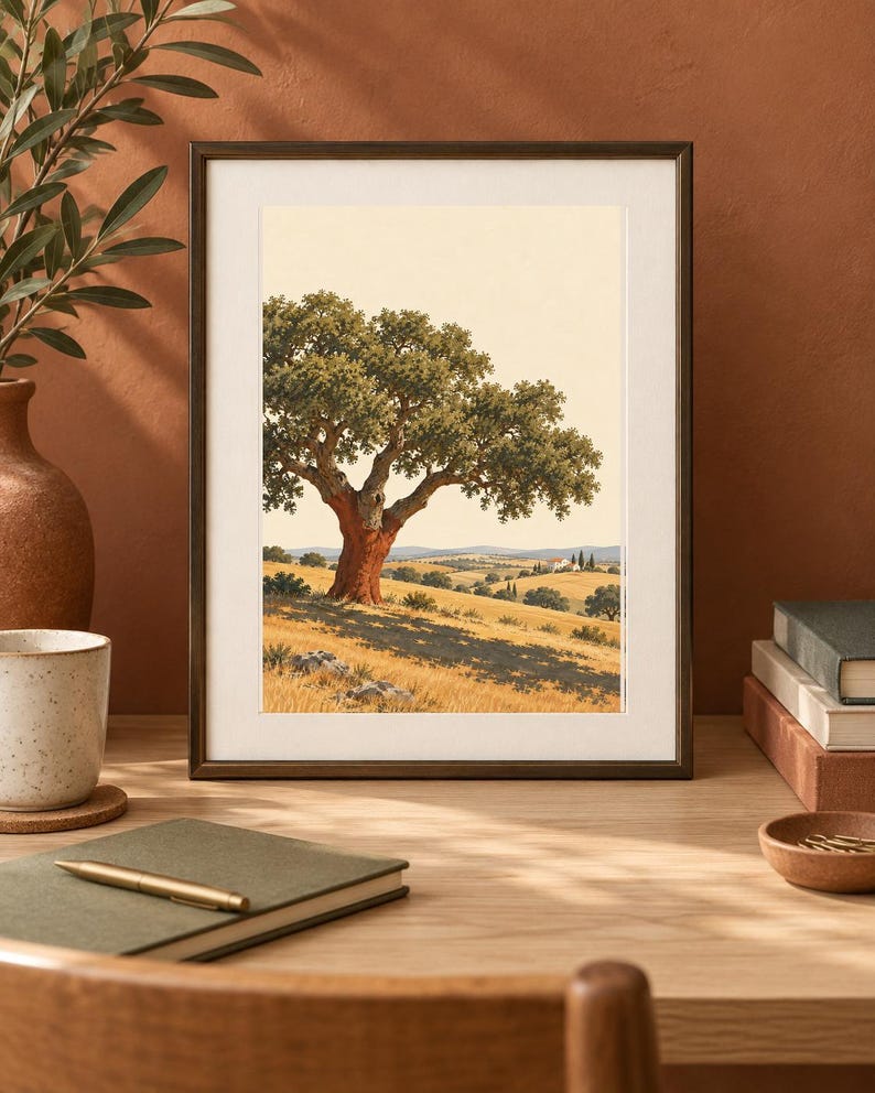 Op de afbeelding: Een ingelijste kunstdruk met een landschapsillustratie van een grote kurkeik met een roodbruine stam, geplaatst in een goudkleurig grasveld onder een bleke lucht, met verre heuvels en een klein wit gebouw zichtbaar op de achtergrond.