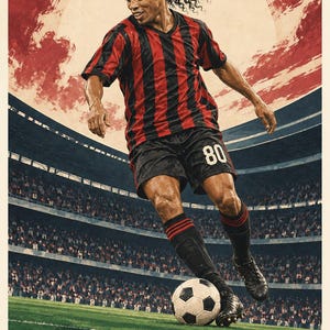 Pu&ograve; includere: Un poster che raffigura un calciatore con capelli lunghi ricci e una fascia, che indossa una maglia a righe rosse e nere e pantaloncini neri con il numero 80, mentre palleggia con un pallone sul campo. Il testo recita RONALDINHO FOOTBALL LEGENDS 04.
