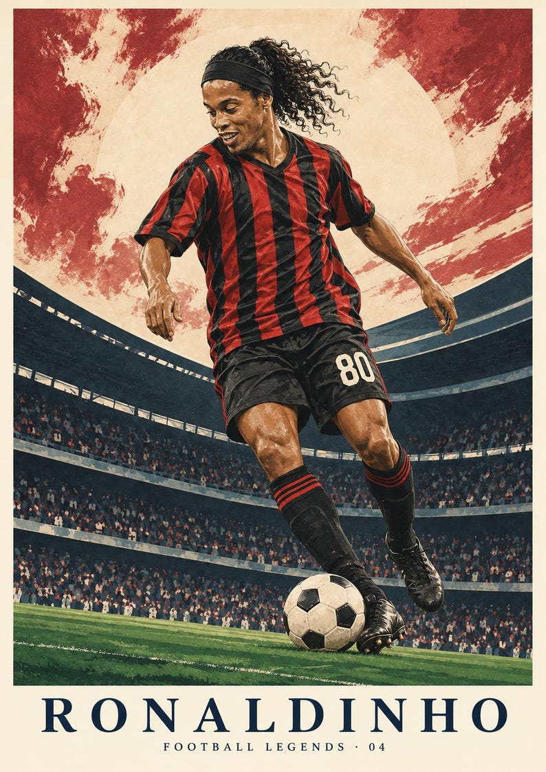 Pu&ograve; includere: Un poster che raffigura un calciatore con capelli lunghi ricci e una fascia, che indossa una maglia a righe rosse e nere e pantaloncini neri con il numero 80, mentre palleggia con un pallone sul campo. Il testo recita RONALDINHO FOOTBALL LEGENDS 04.