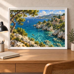 May include: A framed landscape painting depicting a Mediterranean coastal scene with rocky cliffs, lush green trees, and a vibrant turquoise sea. A small sailboat is visible in the distance, while a person swims in the clear water near the shore.