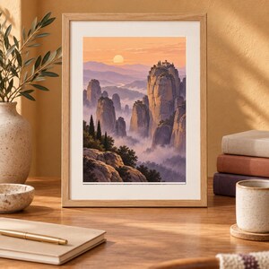 Pu&ograve; includere: Una stampa artistica verticale incorniciata che raffigura un paesaggio di alte formazioni rocciose frastagliate che si ergono sopra una valle nebbiosa al tramonto. Un piccolo edificio &egrave; arroccato su una scogliera, circondato da alberi.
