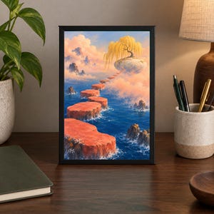 May include: A framed rectangular wall art print featuring a surreal landscape with a series of orange stone platforms floating above deep blue water, leading toward a large white rock formation topped with a golden willow tree under a soft sky.