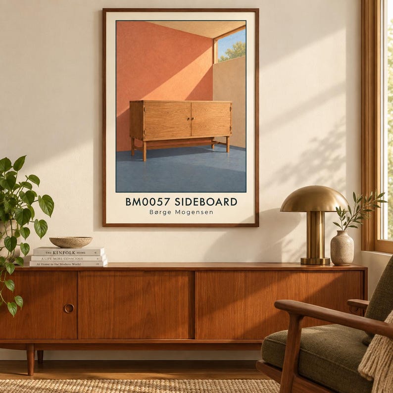 K&ouml;nnte beinhalten: Ein gerahmter Wandkunstdruck mit einem h&ouml;lzernen Sideboard in einem Raum mit pfirsichfarbenen und blauen W&auml;nden. Der Text BM0057 SIDEBOARD und B&oslash;rge Mogensen ist unten auf dem Poster gedruckt. Das Kunstwerk zeigt ein M&ouml;belst&uuml;ck im Mid-Century-Stil.
