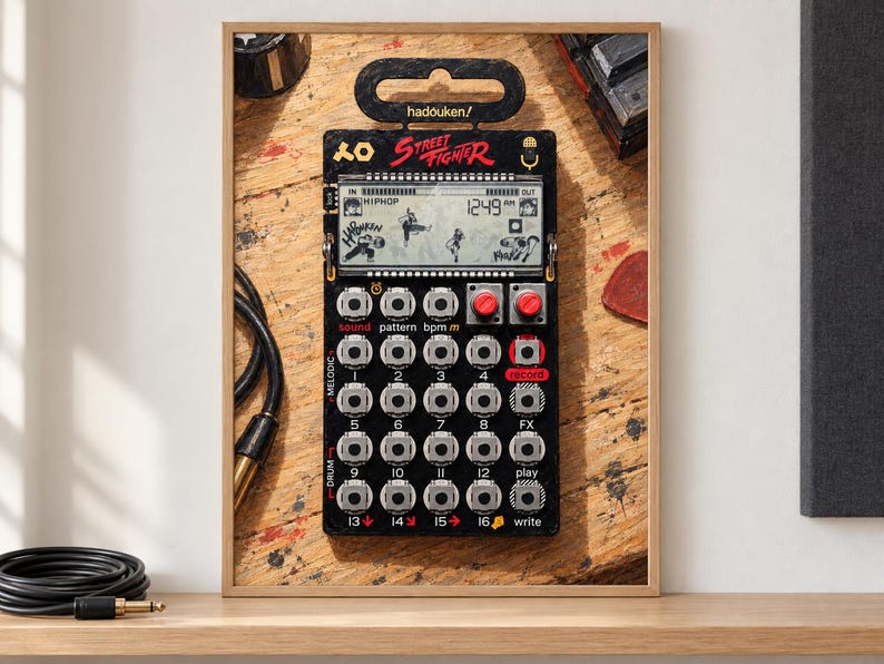 May include: A black pocket synthesiser featuring a Street Fighter theme with a digital display showing game characters, multiple circular buttons, two red knobs, and the text hadouken, Street Fighter, sound, pattern, bpm, record, melodic, drum, play, and write.