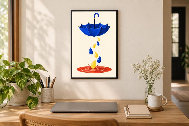 Pu&ograve; includere: Una stampa d'arte incorniciata raffigurante un ombrello blu sospeso in aria. Sotto l'ombrello, diverse gocce di pioggia blu e gialle cadono verso una pozzanghera rossa circolare a terra, creando un effetto di schizzo al centro.