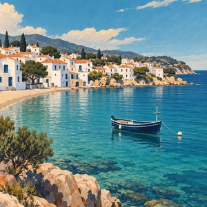May include: A painting of a blue boat floating in clear turquoise water near a rocky coastline. White buildings with orange roofs line the shore, set against a backdrop of green hills and a bright blue sky with scattered white clouds.