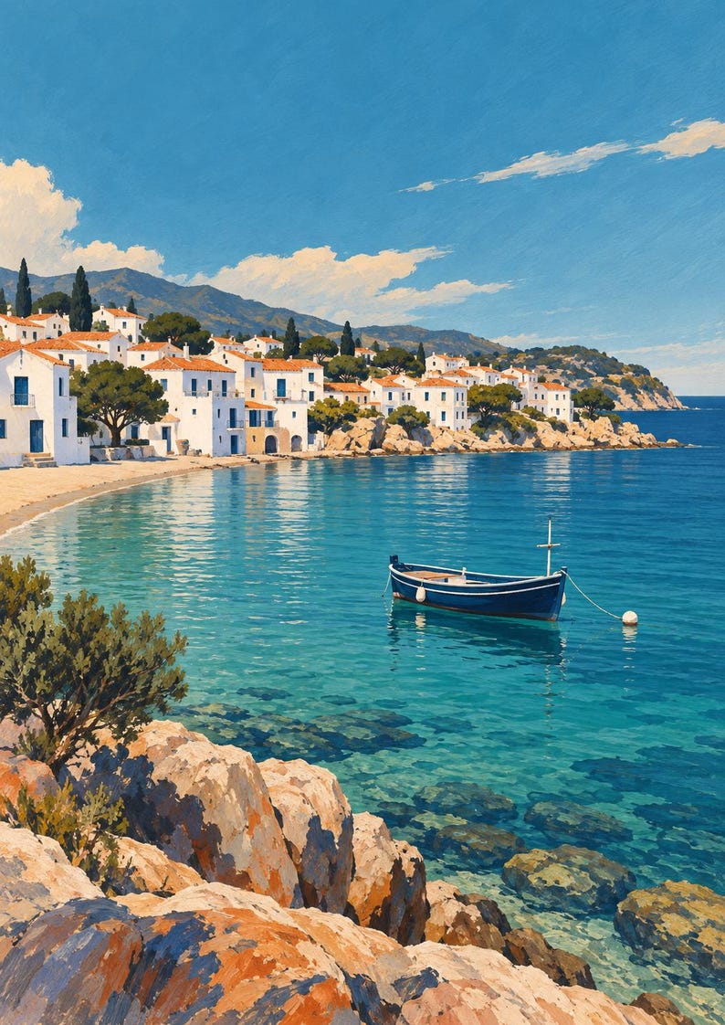 May include: A painting of a blue boat floating in clear turquoise water near a rocky coastline. White buildings with orange roofs line the shore, set against a backdrop of green hills and a bright blue sky with scattered white clouds.
