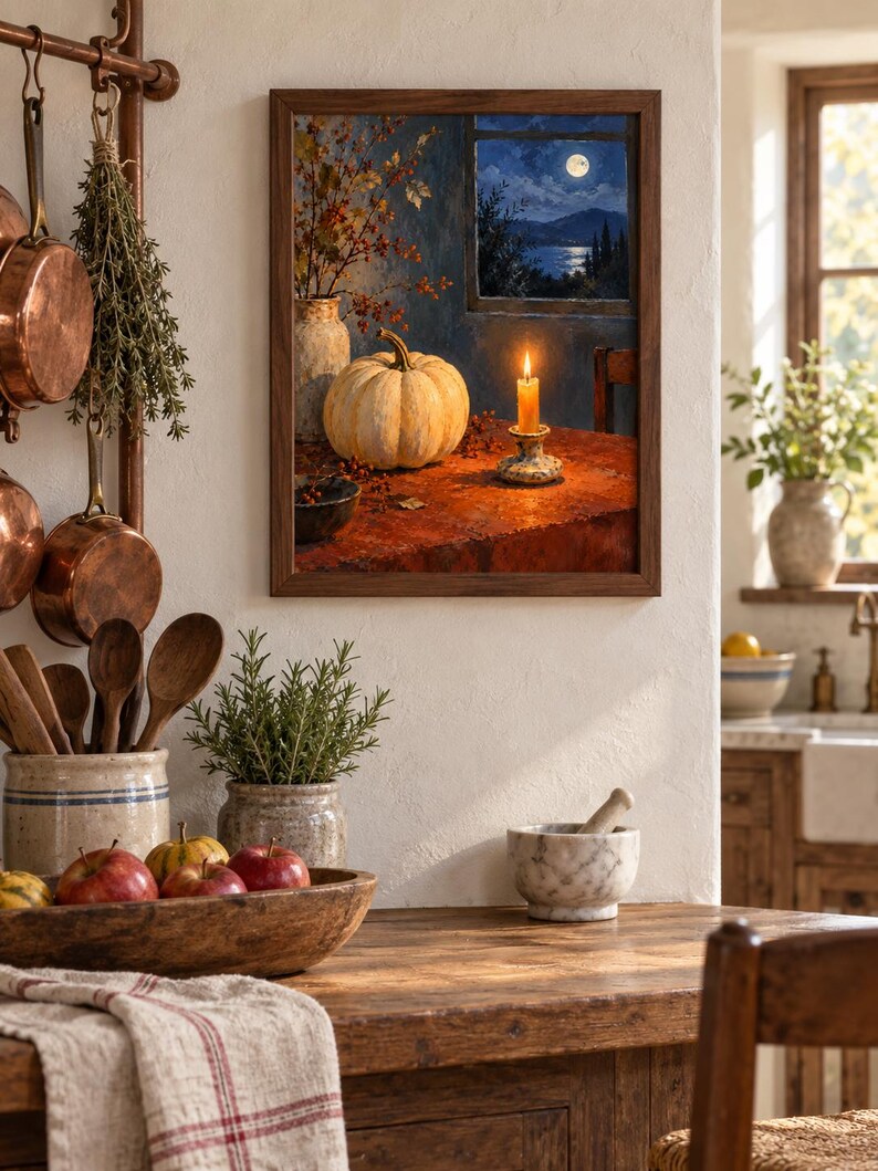 K&ouml;nnte beinhalten: Ein gerahmter Wandkunstdruck, der ein Stillleben mit einem blassen K&uuml;rbis, einer brennenden Kerze im Halter und einer Vase mit Zweigen auf einem Tisch zeigt. Durch ein Fenster scheint ein Vollmond &uuml;ber eine dunkle Landschaft mit Bergen und Wasser.