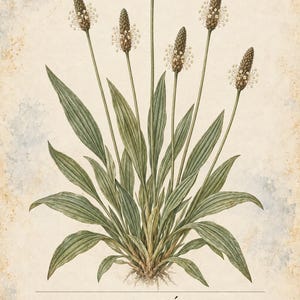 Op de afbeelding: Een botanische illustratie van Plantago lanceolata, met groene lancetvormige bladeren met parallelle nerven en zes lange, slanke stengels met compacte, bruine, cilindrische bloemaren. De tekst luidt HERBARIO PLANTAS MEDICINALES 28/40 LLANT&Eacute;N Plantago lanceolata Hierba de hojas estrechas con nervios paralelos y espigas compactas sobre largos tallos desnudos.