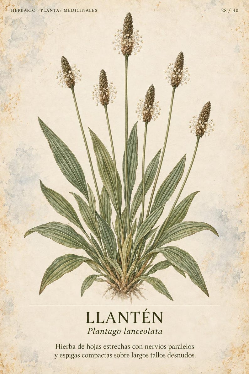 Op de afbeelding: Een botanische illustratie van Plantago lanceolata, met groene lancetvormige bladeren met parallelle nerven en zes lange, slanke stengels met compacte, bruine, cilindrische bloemaren. De tekst luidt HERBARIO PLANTAS MEDICINALES 28/40 LLANT&Eacute;N Plantago lanceolata Hierba de hojas estrechas con nervios paralelos y espigas compactas sobre largos tallos desnudos.