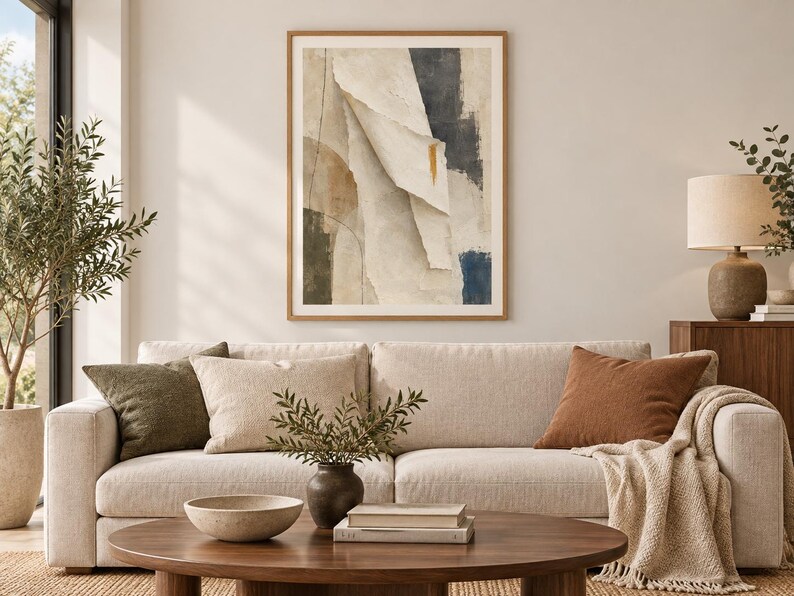 May include: A framed abstract wall art print featuring layered paper-like shapes in shades of cream, beige, and charcoal gray, with a single vertical gold accent mark. The composition includes soft, flowing lines and deep dark blue color blocks.