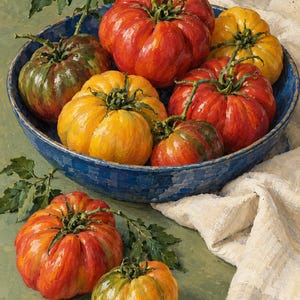 May include: An oil painting of heirloom tomatoes in a deep blue bowl and on a green surface. The tomatoes are red, yellow, and green with visible stems and leaves. A textured white cloth is draped to the side of the bowl, adding contrast.