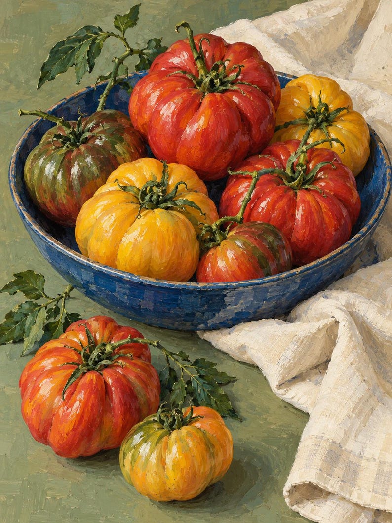 May include: An oil painting of heirloom tomatoes in a deep blue bowl and on a green surface. The tomatoes are red, yellow, and green with visible stems and leaves. A textured white cloth is draped to the side of the bowl, adding contrast.
