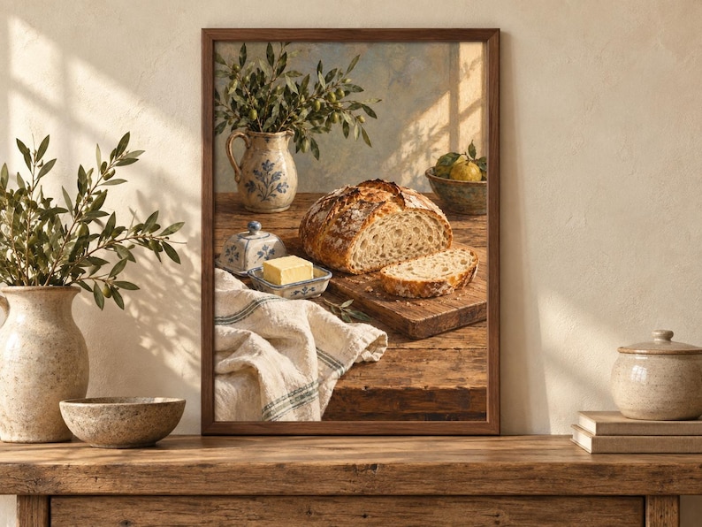 Peut inclure: Une impression d'art murale encadr&eacute;e repr&eacute;sentant une nature morte rustique sur une table en bois. L'image montre une miche de pain au levain, une tranche de pain, un beurrier avec un carr&eacute; de beurre jaune, un pichet en c&eacute;ramique et un bol.