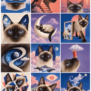 Op de afbeelding: Een raster van twaalf surrealistische illustraties met Siamezen met blauwe ogen. De afbeeldingen tonen katten die interageren met manen, wolken, trappen, spiegels en theekopjes in diverse droomachtige, kleurrijke en hemelse settings.