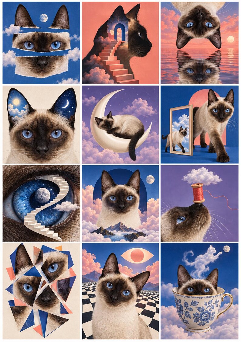 Op de afbeelding: Een raster van twaalf surrealistische illustraties met Siamezen met blauwe ogen. De afbeeldingen tonen katten die interageren met manen, wolken, trappen, spiegels en theekopjes in diverse droomachtige, kleurrijke en hemelse settings.
