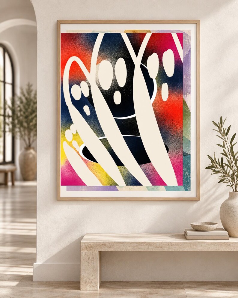 May include: A framed abstract wall art print featuring a vibrant, spray-painted background with gradients of red, yellow, blue, and purple. Overlaid on the colorful base are bold, smooth, cream-colored organic shapes and curved lines.