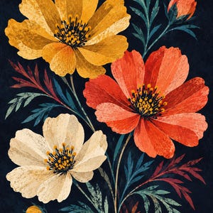 May include: A floral illustration featuring three large cosmos flowers in yellow, orange, and cream against a dark navy background. Each flower has a prominent yellow centre with dark stamens. The stems and feathery leaves are in shades of teal and red.