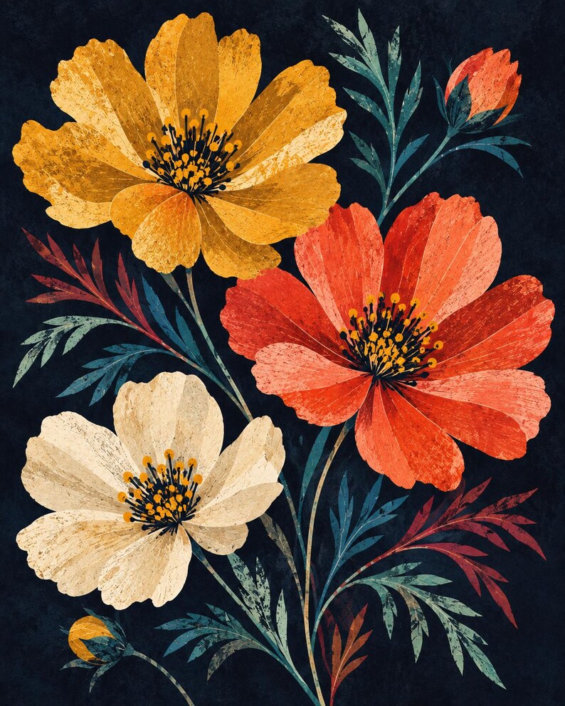 May include: A floral illustration featuring three large cosmos flowers in yellow, orange, and cream against a dark navy background. Each flower has a prominent yellow centre with dark stamens. The stems and feathery leaves are in shades of teal and red.