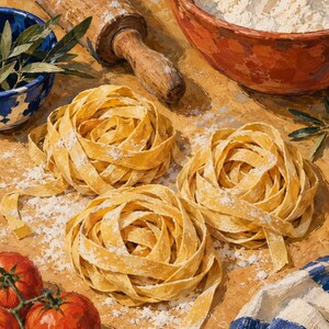 May include: An oil painting depicting three nests of fresh yellow pasta on a wooden surface dusted with flour. Included are a wooden rolling pin, a terracotta bowl filled with flour, a blue bowl with olive branches, red tomatoes, and a striped cloth.