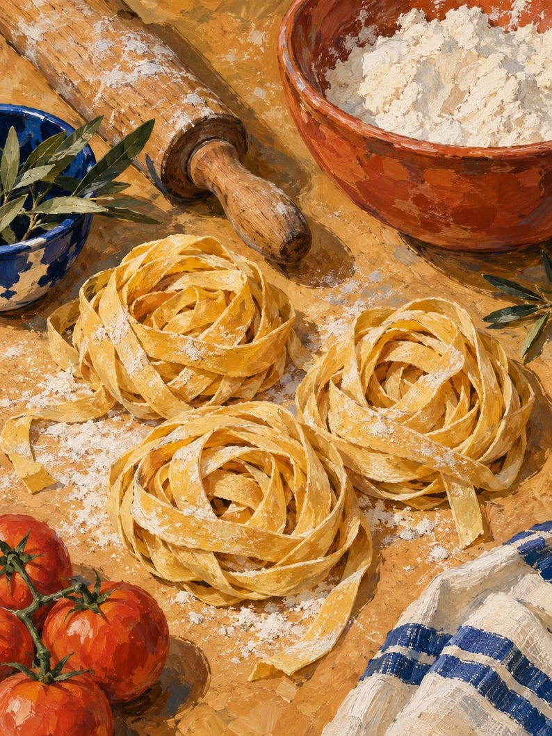 May include: An oil painting depicting three nests of fresh yellow pasta on a wooden surface dusted with flour. Included are a wooden rolling pin, a terracotta bowl filled with flour, a blue bowl with olive branches, red tomatoes, and a striped cloth.