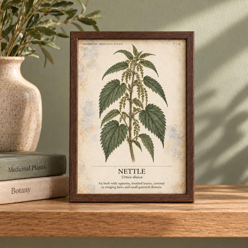 Puede incluir: Una l&aacute;mina bot&aacute;nica enmarcada de una planta de ortiga, Urtica dioica, con hojas verdes y peque&ntilde;as flores sobre un fondo color crema. El texto dice: HERBARIUM MEDICINAL PLANTS 17/40, NETTLE, Urtica dioica, An herb with opposite, toothed leaves, covered in stinging hairs and small greenish flowers.