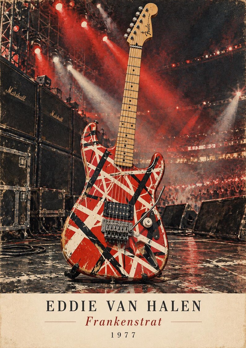 May include: An electric guitar with a red, white, and black striped body, a maple neck, and a tremolo bridge. The text below reads EDDIE VAN HALEN Frankenstrat 1977. The guitar is positioned against a concert stage background with red lighting.