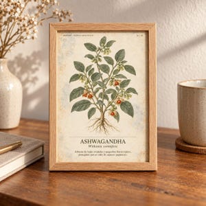 May include: A light wood frame containing a botanical print of an Ashwagandha plant with green leaves, small pale flowers, and red berries. The print features the text "ASHWAGANDHA Withania somnifera" and a description in Spanish below the illustration.