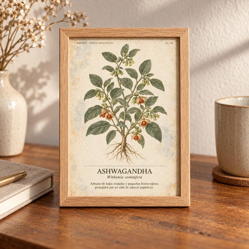 May include: A light wood frame containing a botanical print of an Ashwagandha plant with green leaves, small pale flowers, and red berries. The print features the text "ASHWAGANDHA Withania somnifera" and a description in Spanish below the illustration.