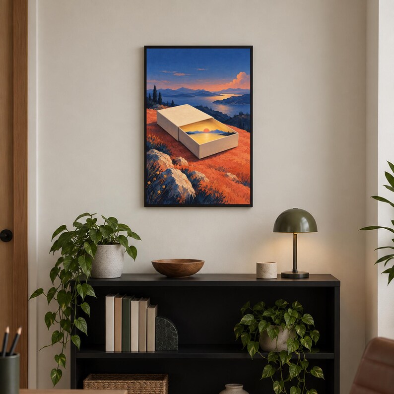 May include: A rectangular wall art print in a black frame featuring a surreal landscape where an open matchbox sits on a rocky, orange-hued hillside. Inside the matchbox, a miniature sunset over a calm body of water is visible, mirroring the larger sky.