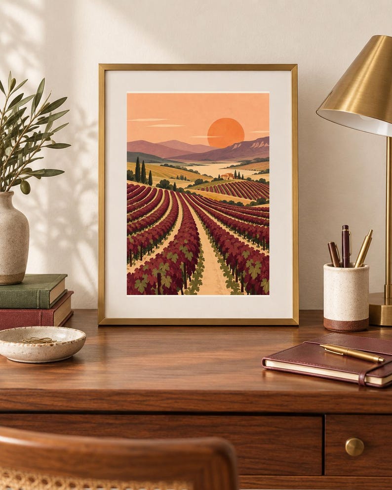 Pu&ograve; includere: Una stampa artistica incorniciata che raffigura un paesaggio di vigneti con filari di viti rosso scuro che si estendono verso montagne lontane sotto un grande sole arancione. L'opera &egrave; esposta in una sottile cornice dorata con passe-partout bianco.