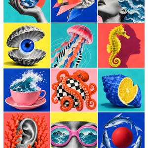 Op de afbeelding: Een raster van twaalf surrealistische collage-kunstpanelen met een hand die een wereldbol vasthoudt, een geometrische vis, een persoon met golfhaar, een oog in een schelp, een kwal, een zeepaardje, een theekopje met een golf, een octopus op een bal, een citroenschelp, een oor in koraal, een bril die de zee reflecteert en vissen rond een rode bol.