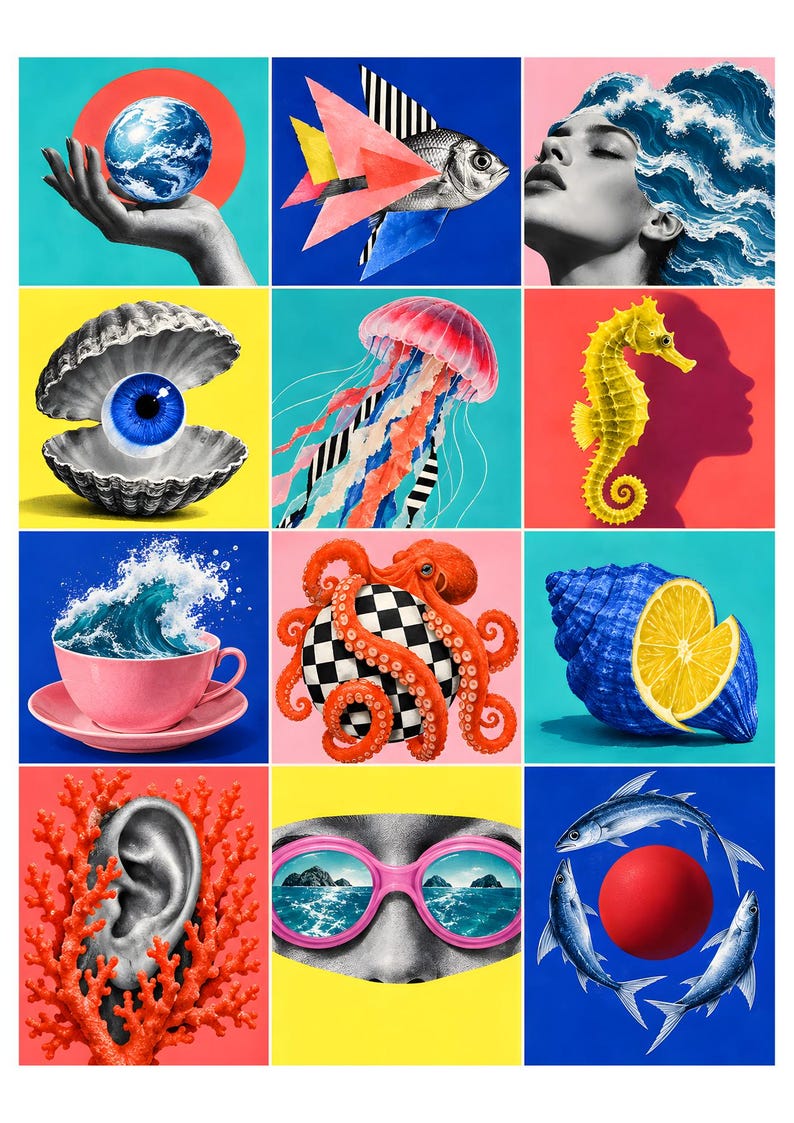 Op de afbeelding: Een raster van twaalf surrealistische collage-kunstpanelen met een hand die een wereldbol vasthoudt, een geometrische vis, een persoon met golfhaar, een oog in een schelp, een kwal, een zeepaardje, een theekopje met een golf, een octopus op een bal, een citroenschelp, een oor in koraal, een bril die de zee reflecteert en vissen rond een rode bol.