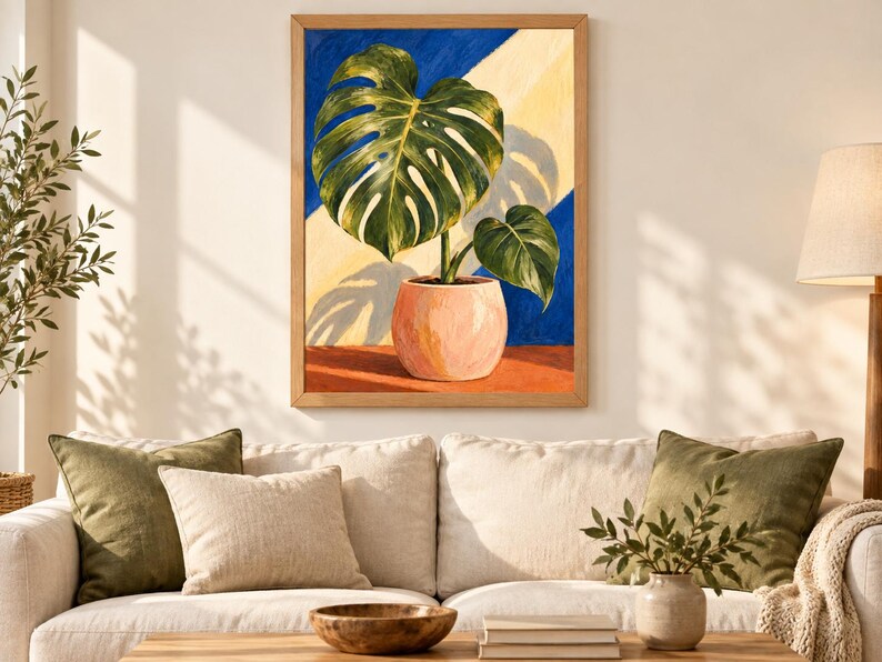 Puede incluir: Un cuadro enmarcado de una planta monstera verde en una maceta rosa claro. El fondo presenta rayas diagonales de color azul oscuro y amarillo p&aacute;lido, con una superficie naranja oscuro bajo la maceta y una sombra proyectada por las hojas.