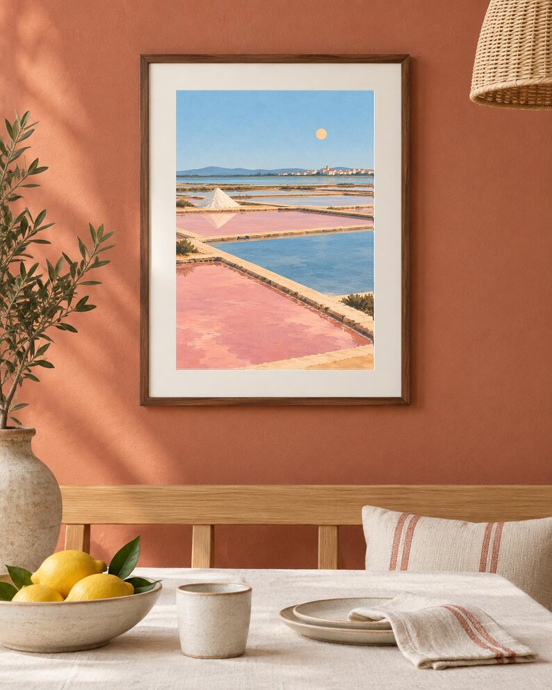 May include: A framed wall art print depicting a landscape of salt pans with pink and blue water, a white salt mound, and a distant town under a pale sun in a clear blue sky. The artwork is enclosed in a simple dark wood frame with a white mat border.